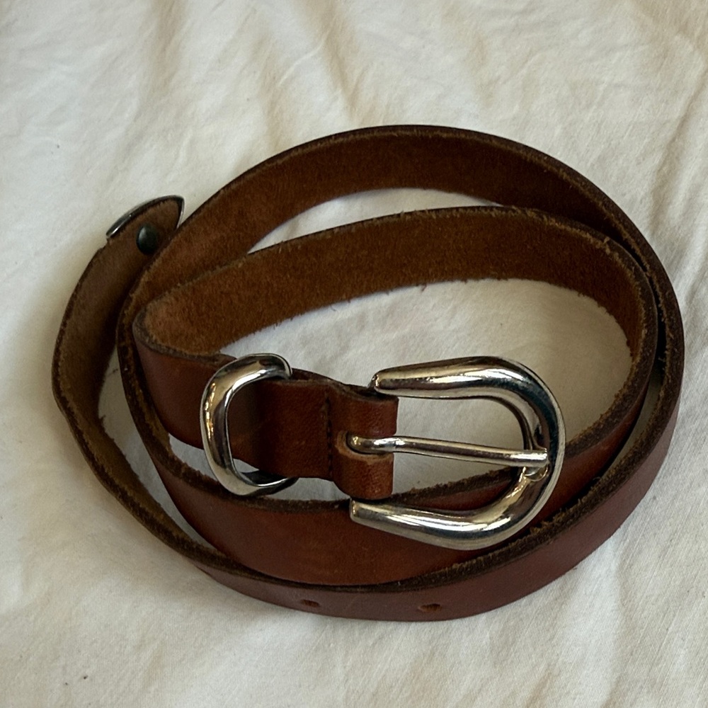 Brown Leather Belt with Silver Buckle approx 34” total small vintage Aimee Lynn